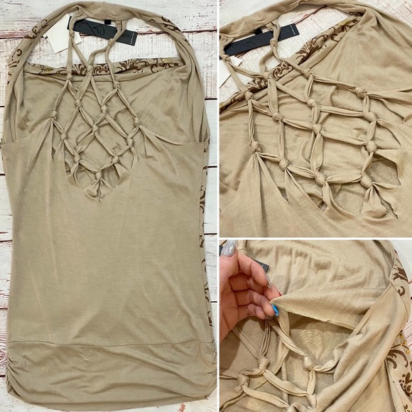 Baby Phat Tan/Gold/Studded 'Seductive Dream' Open Back Mini Halter Dress NWOT - Picture 9 of 12